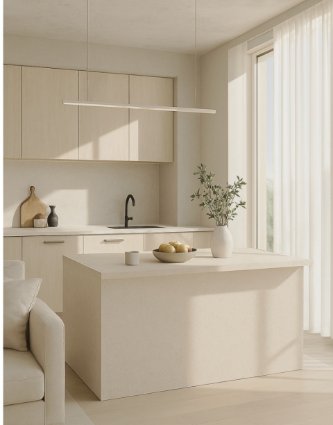 Wyspa kuchenna ze spiekiem Lumière w piaskowym odcieniu, jasne fronty, cytryny i poranne światło w nowoczesnym apartamencie.