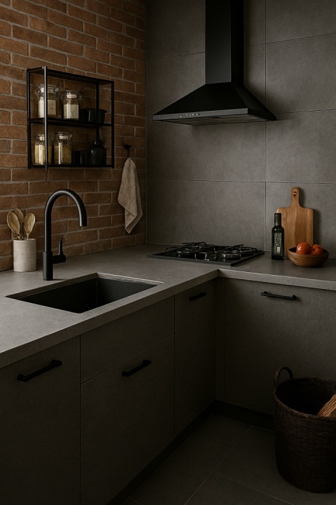 Kuchnia industrialna ze spiekiem Marais Infinity, cegła, czarne dodatki, zlew, pomidory, oliwa i kosz z pieczywem.