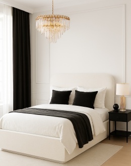 Łóżko ze spiekiem, białe światło, czarne dodatki, złoty żyrandol i elegancka sypialnia w stylu glamour