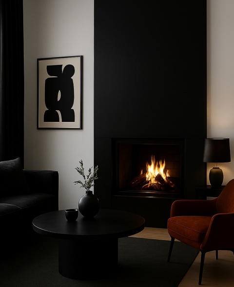 Salon z czarnym kominkiem ze spieku, białymi ścianami, pomarańczowym fotelem i eleganckim wystrojem w ciepłym świetle ognia.