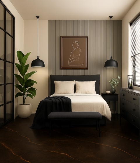 Sypialnia ze spiekiem Royal na podłodze, rośliną doniczkową, czarnymi lampami i eleganckim wystrojem w neutralnych tonach.