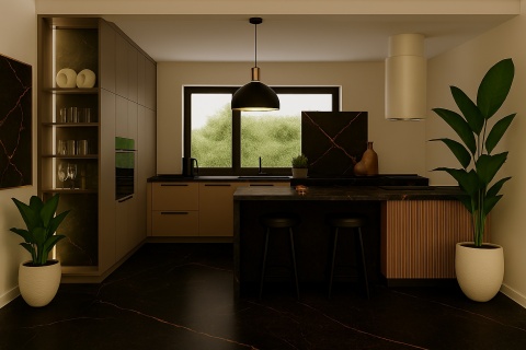 Kuchnia ze spiekiem Royal na blatach i podłodze, jasne fronty, czarne lampy, rośliny i obraz w kolorystyce kamienia
