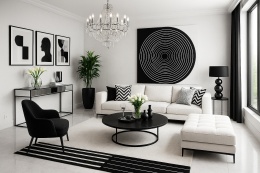 POdłoga w Spieku Total white, pomieszczenie utrzymane czarno-białej kolorystyce