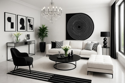 POdłoga w Spieku Total white, pomieszczenie utrzymane czarno-białej kolorystyce