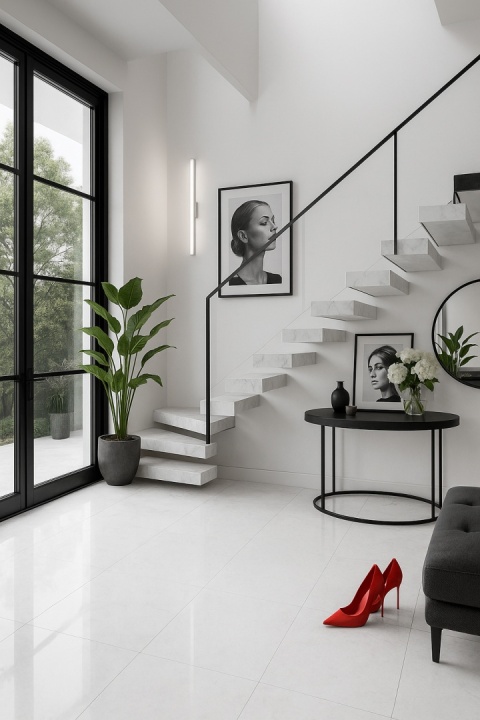Spiek Total White został umieszczony na stopniach schodów – to one są głównym elementem wnętrza,