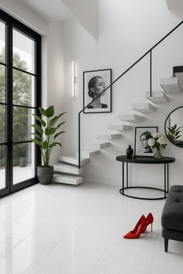 Spiek Total White został umieszczony na stopniach schodów – to one są głównym elementem wnętrza,