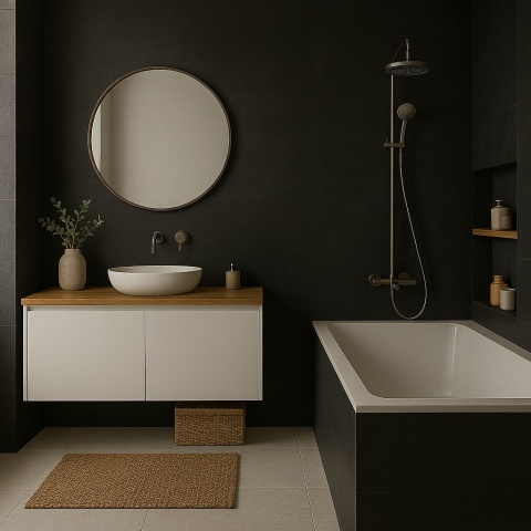 Elegancka łazienka z wanną i ścianami wykończonymi spiekiem Infinity Resin Total Black Satine.