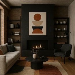 Salon loftowy z kominkiem, ścianą ze spieku Infinity Resin Total Black Satine i geometrycznym obrazem.