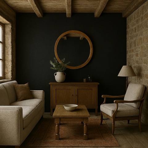 Przytulne wnętrze z drewnianymi akcentami i ścianą wykończoną spiekiem Infinity Resin Pigalle.