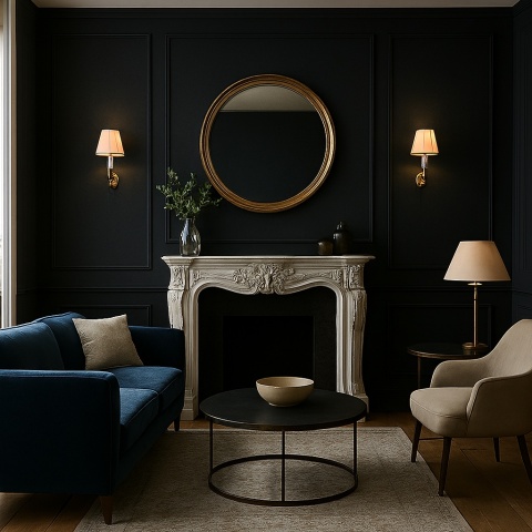 Salon glamour z kominkiem i ścianą w spieku Infinity Resin Pigalle Leathered 12 mm.