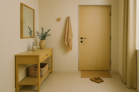 Przedpokój ze spiekiem na ścianie, konsola z lustrem, eukaliptus w wazonie, torba na haczyku, buty na wycieraczce.