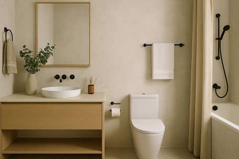 Nowoczesna łazienka ze spiekiem na ścianie, drewniana szafka, czarna armatura, wanna, toaleta i naturalne dodatki.