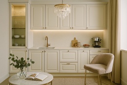 Kuchnia glamour ze spiekiem na blatach, złotym kranem, kryształowym żyrandolem i stylowymi dodatkami.