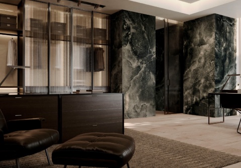 Garderoba premium z kolumnami obłożonymi płytami Laminam Lamborghini Tempestas w odcieniach grafitu