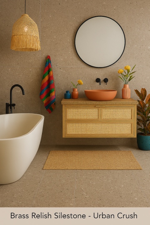 Boho łazienka z wanną, blatem Brass Relish, kolorowymi dodatkami i rośliną w turkusowej donicy na tle terrazzo.