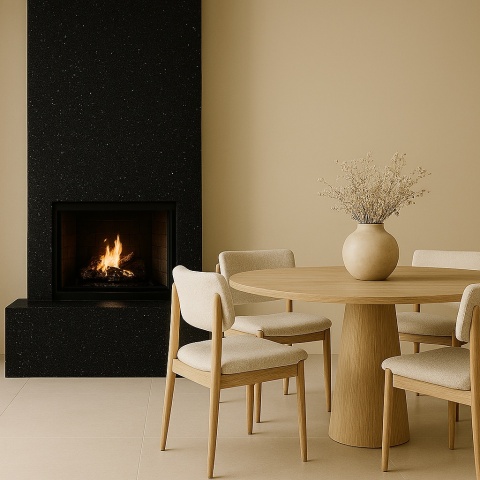 Jadalnia z kominkiem wykończonym czarnym spiekiem Stellar Night, stół z jasnego drewna, krzesła w beżowej tapicerce.