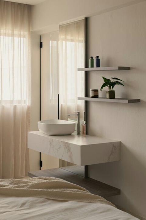 Łazienka w stylu spa, z zabudową i ścianami wykończonymi w Dekton Entzo.