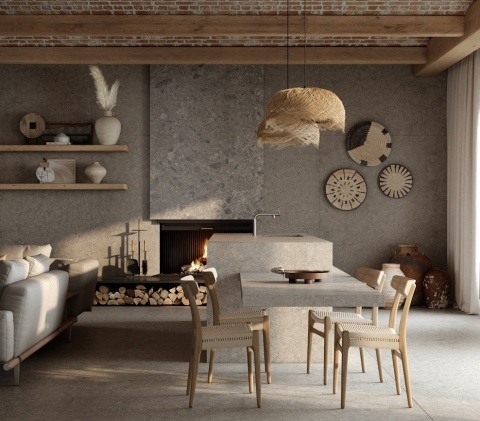Nowoczesny salon z kominkiem obłożonym Dekton Grigio KC