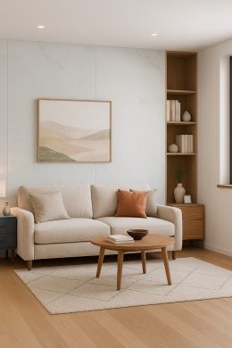 wizualizacja salonu ze ścianą w spieku Dekton Laguna i naturalnym oświetleniu