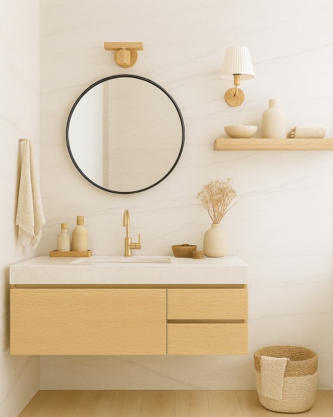 łazienki ze ścianami wykończonymi spiekiem Dekton Limbo KC, w jasnej, naturalnej aranżacji