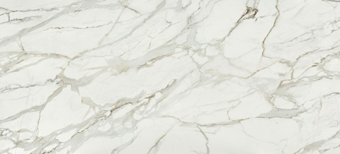 Płyta spieku kwarcowego Dekton Lucid w pełnym ujęciu, prezentująca białe tło z wyrazistymi, szarymi i złotymi żyłami.