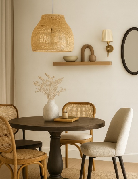 wizualizacja jadalni w stylu eklektycznym ze ścianami wykończonymi spiekiem Dekton Kraftizen Nacre KC