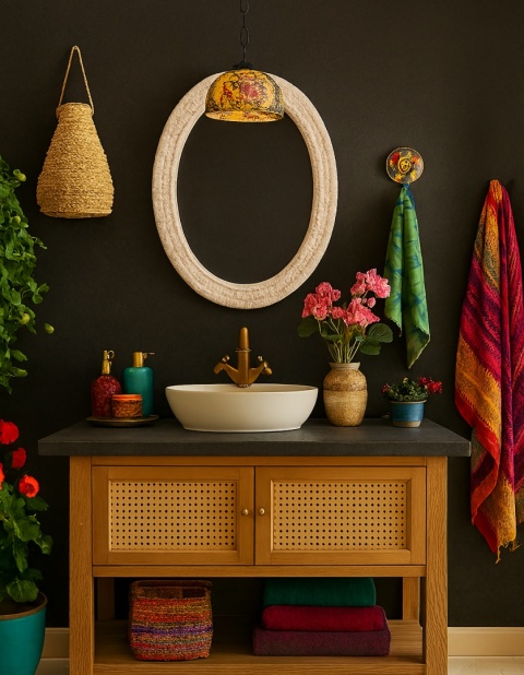 wizualizacja łazienki z blatami ze spieku Natural Sirius, uzupełniona kolorowymi dodatkami i kwiatami