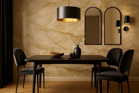 luksusowa jadalnia w stylu glamour, ze ścianami wykończonymi spiekiem Dekton Taga KC, z ciemnymi dodatkami
