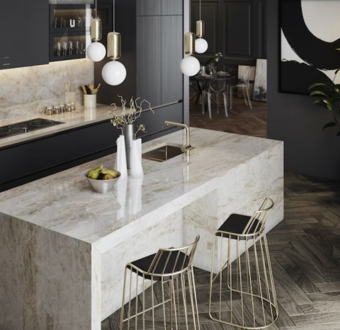 Dekton Taga -blaty robocze w kuchni i ściany w pięknych odcieniach  beżu