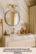 Łazienka z blatami Dekton Onirika Trance KC, w stylu naturalnym z dodatkami z drewna, ceramiki i ciepłym oświetleniem.