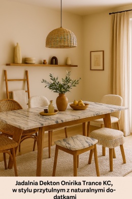 Jadalnia z blatem stołu Dekton Onirika Trance KC, w stylu naturalnym z rattanem, ceramiką i ciepłym światłem dziennym.