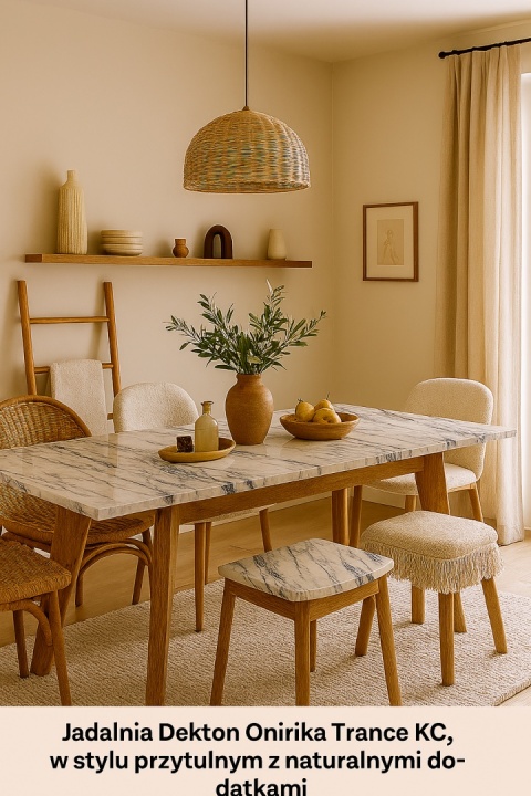 Jadalnia z blatem stołu Dekton Onirika Trance KC, w stylu naturalnym z rattanem, ceramiką i ciepłym światłem dziennym.
