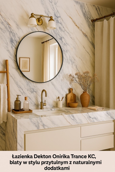 Łazienka z blatami Dekton Onirika Trance KC, w stylu naturalnym z dodatkami z drewna, ceramiki i ciepłym oświetleniem.