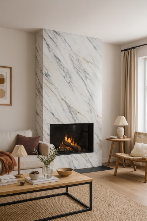 Salon z kominkiem wykończonym spiekiem Dekton Onirika Trance KC, w stylu przytulnym z naturalnymi dodatkami i ciepłym światłem.