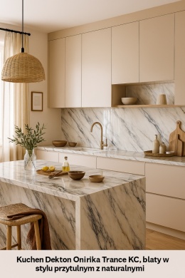 Kuchnia z blatami Dekton Onirika Trance KC, w stylu naturalnym z rattanowymi dodatkami, ceramiką i ciepłym oświetleniem