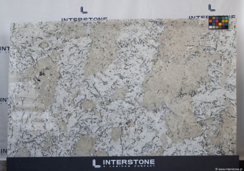 płyta granitu Andorra White, na której widoczne są jasne tła z beżowo-szarymi obszarami i wyraźnym, ciemnym użyleniem.