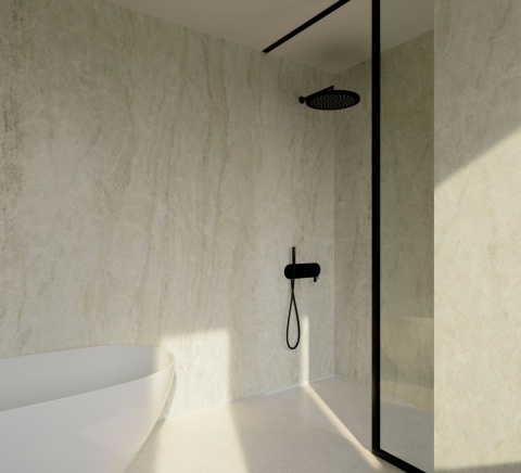 Ściana prysznicowa z jasnym spiekiem Dekton Nara o aksamitnej strukturze