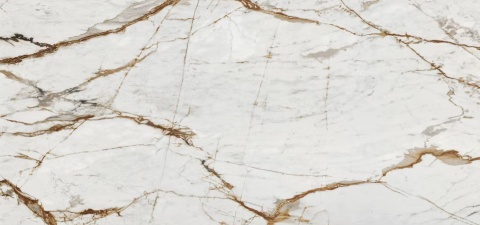 Płyta Dekton Reverie kC – białe tło z dynamicznymi złotymi i szarymi żyłami.y