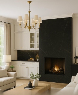 Salon z kuchnią w klasycznym stylu, kominek wykończony spiekiem Dekton Somnia, kontrastowe meble, naturalne neutralne światło.