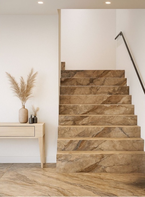 Hol ze schodami i podłogą ze spieku ANKARA BRONCE, jasne ściany, czarna balustrada, styl nowoczesny