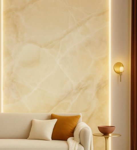 salon ściana ozdobna wyłożona spiekiem Grespania Alaska Ambar Pulid