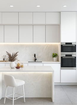 Kuchnia ze spiekiem Alaska Hielo Pulido, jasne fronty, wyspa, białe światło, styl nowoczesny i elegancki