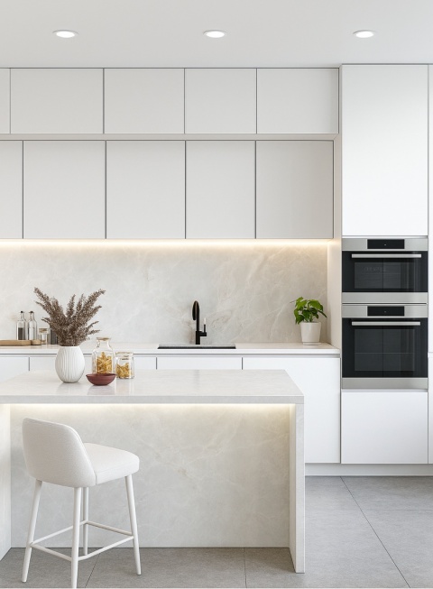 Kuchnia ze spiekiem Alaska Hielo Pulido, jasne fronty, wyspa, białe światło, styl nowoczesny i elegancki