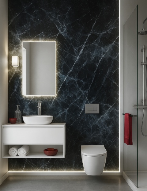 Łazienka glamour ze spiekiem Alaska Negro Pulido, podświetlenie LED, białe dodatki, chromowana armatura