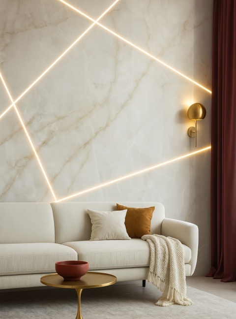 Wnętrze glamour ze spiekiem Alaska Hielo Pulido , ciepłe światło LED podkreślające strukturę, jasna sofa, złote akcent