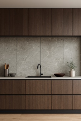 Nowoczesna kuchnia z dużym formatem płyty Grespania Artic Gris, szarość z białym użyleniem w neutralnym świetle