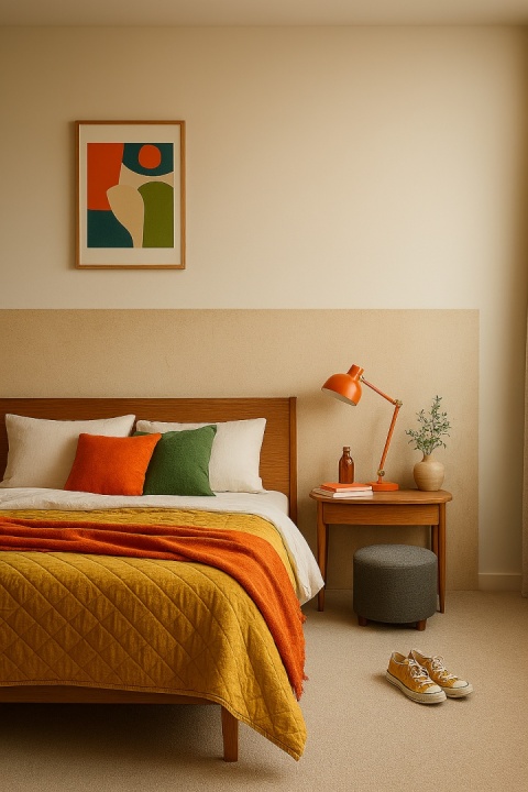 Sypialnia z płytą Grespania Basaltina Beige w neutralnym świetle, kolorowa narzuta, energetyczne dodatki