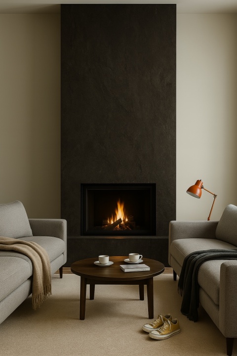 Salon z kominkiem wykończonym płytą Grespania Basaltina Negro, jasne sofy, koce i stolik kawowy z filiżankami