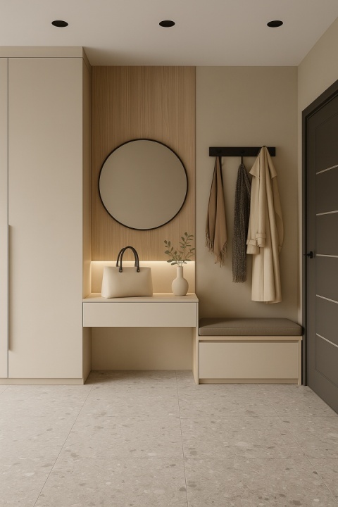 Przedpokój ze ścianą w spieku Grespania Basic Cemento, szafa, siedzisko, lustro i miejsce na torebki oraz szaliki