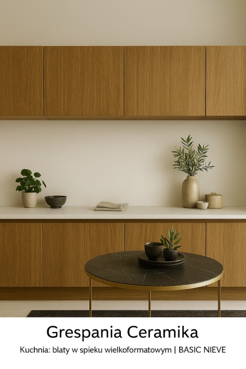 Kuchnia z blatami ze spieku i drewnianymi frontami, neutralne światło, rośliny i dodatki ocieplające wnętrze